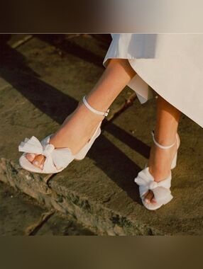 White Pleated Bow Block Heel Sandals with Ankle Strap